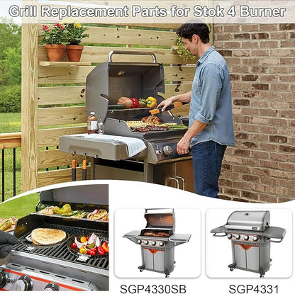 Hiorucet Grill Replacement Parts for Stok SGP4330SB, SGP4331, SGP4130N, Stok Quattro 4 Burner Grills, Porcelain Steel Heat Plate Shield Tent, Stainless Steel Crossover Carry Over Tube & Grill Burners
