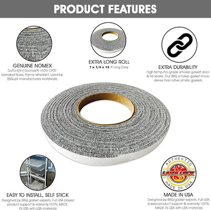 Grey Lavalock Gasket High Temp BBQ Smoker Grill Self Stick 1" x 1/4" x 15'