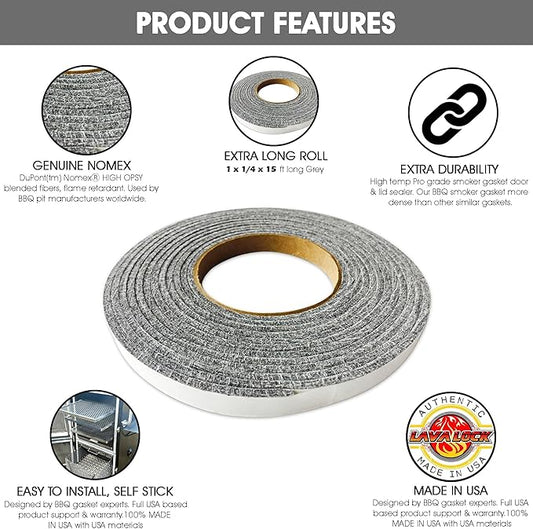 Grey Lavalock Gasket High Temp BBQ Smoker Grill Self Stick 1" x 1/4" x 15'