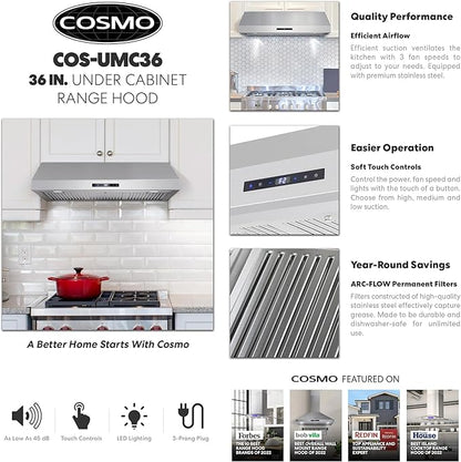COSMO UMC36 36 in. Haven Collection 380 CFM Ducted Under Cabinet Range Hood, LED Lights, Touch Controls, Stainless Steel
