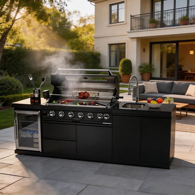 95-Inch Outdoor Kitchen Island Grill - 6-Burner 85000 BTU Natural Gas Grill w/Wine Cooler, Rotisserie Kit, Granite Countertops, Stainless Steel Sink, 304 Marine Grade SS, Patio, Lawn, Backyard, Black
