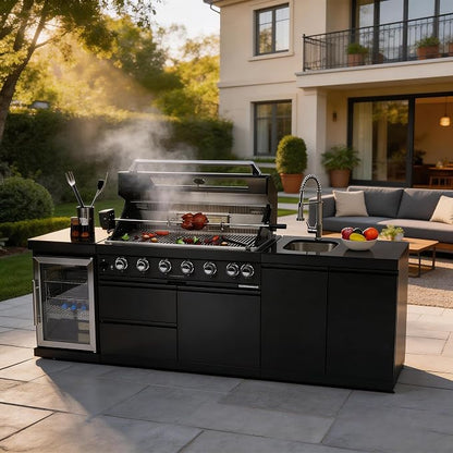 95-Inch Outdoor Kitchen Island Grill - 6-Burner 85000 BTU Natural Gas Grill w/Wine Cooler, Rotisserie Kit, Granite Countertops, Stainless Steel Sink, 304 Marine Grade SS, Patio, Lawn, Backyard, Black