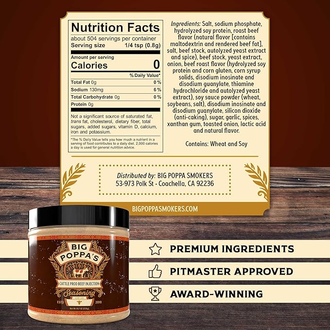 Big Poppa’s Cattle Prod Beef Injection – Competition-Tuned BBQ Brisket Injection for Juicy, Consistent Meat – Clean, Beef Marinade-Forward Blend for Ribs, and Steaks – Easy-Mixing Formula (19.7 Oz)