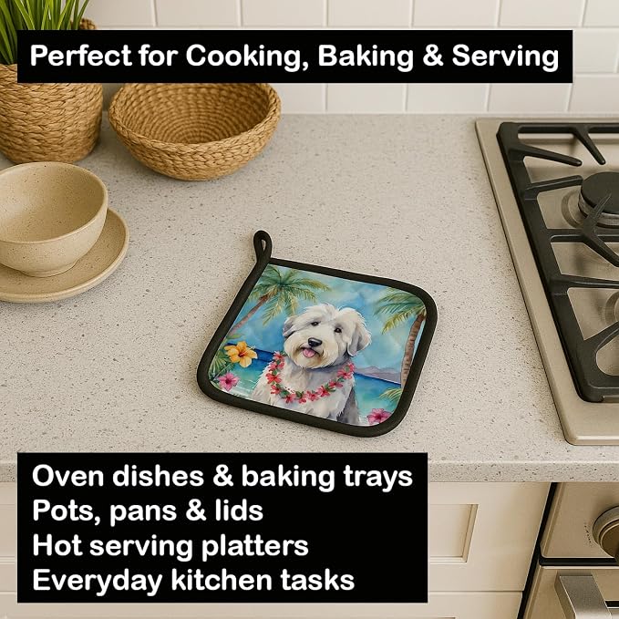 Caroline's Treasures Old English Sheepdog Luau Pair of Pot Holders Kitchen Heat Resistant Pot Holders Sets Oven Hot Pads for Cooking Baking BBQ, 7 1/2 x 7 1/2