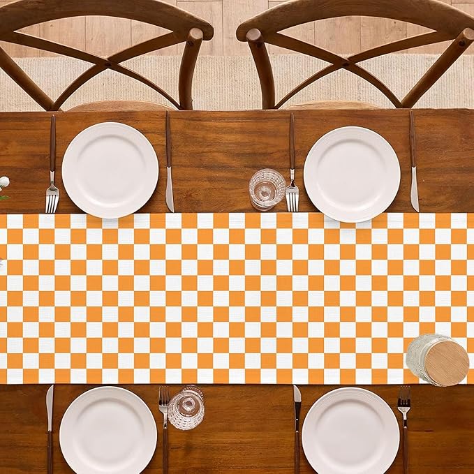 Orange White Checkered Table Runner Fall Thanksgiving Harvest Checkerboard Decoration for Wedding Birthday Bridal Baby Shower Christmas Home Party Kitchen Island Decor (Orange, 13" x 90")