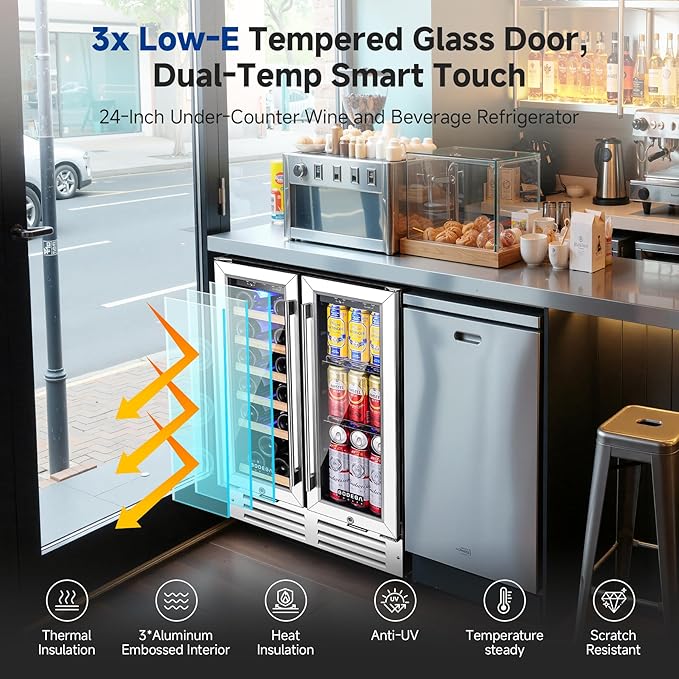 BODEGACOOLER Wine and Beverage Refrigerator, 24 Inch Under Counter Commercial Beverage Refrigerator, Large Capacity Back Bar Cooler With 2 Glass Doors,LED Lighting for Beer,Soda,Wine,4.1 Cu.Ft.,Black.