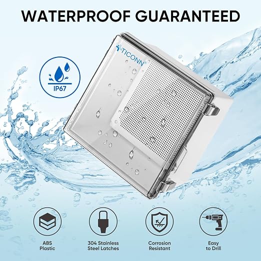 TICONN Outdoor Electrical Box Waterproof, Junction Box IP67 ABS Plastic Enclosure with Hinged Cover with Mounting Plate, Wall Brackets, Cable Glands (Clear, 11.8"x11.8"x7.1")