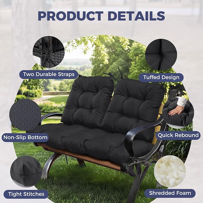 Wicker Chair Cushions of 3 Pieces, Waterproof Cushions for Patio Furniture, Tufted Wicker Outdoor Furniture Cushions, 1 Patio Loveseat Cushion and 2 U-Shaped Cushions, 44"x19"x5", Black