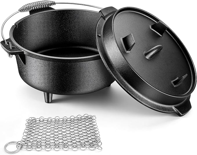 Joyfair Pre-seasoned Cast Iron Camp Dutch Oven, 7.6QT Pot & 2QT Skillet Lid | Open Fire Camping Cookware Set For Outdoor Campfire Cooking - Stewing Chicken,Baking Sourdough Bread, Plus Cleaner, Oven Safe
