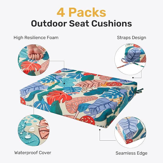 UNIKOME Outdoor Chair Cushions Pack of 4, Water Resistant Patio Cushions with Ties, High Density Sponge Filling Square Corner Seat Cushions for Outdoor Furniture, 18.5"*16"*3", Palm Tropical