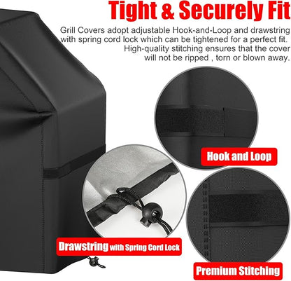 BBQ Grill Cover, Waterproof, Weather Resistant, Rip-Proof, Anti-UV, Fade Resistant, with Hook-and-Loop Straps, Gas Grill Cover for Most Grills, 48 inch, Black