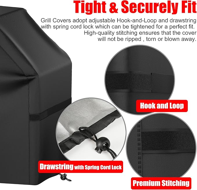 BBQ Grill Cover, Waterproof, Weather Resistant, Rip-Proof, Anti-UV, Fade Resistant, with Hook-and-Loop Straps, Gas Grill Cover for Most Grills, 65'', Black