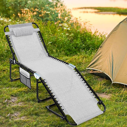 Tangkula Beach Lounge Chair for Outside, Folding Chaise Lounge Outdoor with 4-Position Backrest, Removable Headrest and Side Pocket, Portable Sunbathing Tanning Chair for Patio, Poolside (1, Grey)