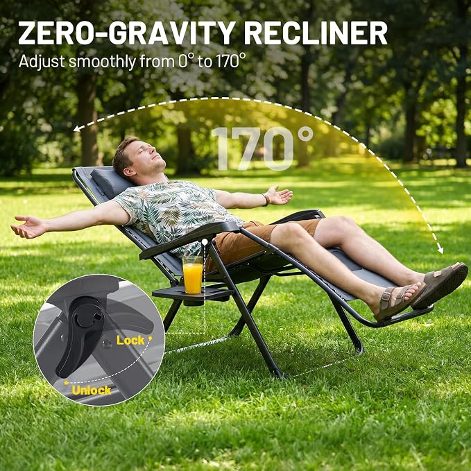Timber Ridge Zero Gravity Chair, Oversized Lawn Chairs Outdoor Recliner Reclining Patio Lounge Chair with Adjustable Headrest and Side Table for Camping, Outdoor, Patio, Support 350lbs, Grey