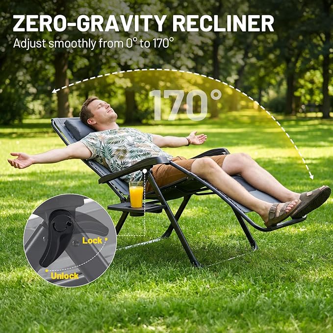 Timber Ridge Zero Gravity Chair, Oversized Lawn Chairs Outdoor Recliner Reclining Patio Lounge Chair with Adjustable Headrest and Side Table for Camping, Outdoor, Patio, Support 350lbs, Grey