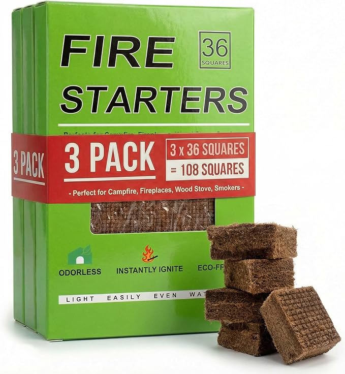 Fire Starter Blocks for Fireplaces: Natural Fire Starters Cubes - Fast Ignition Odorless Firestarter Squares for Grills Campfire BBQ Outdoor Firepits & Wood Stoves - 108 pcs