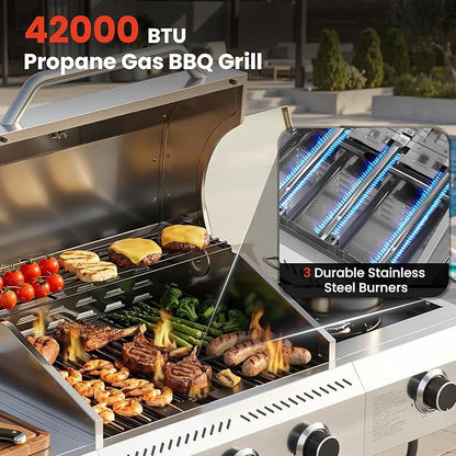 COWSAR 4 Burner Gas Grill, 34000 BTU Stainless Steel BBQ Grill with Side Burner, Porcelain-Coated Cast Iron Grates, Pull-Out Grease Tray for Outdoor Backyard Cooking