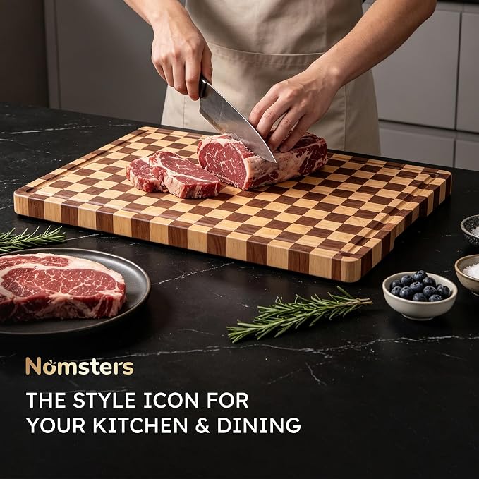 Cutting Boards for Kitchen Checkered Cutting Board 20in Acacia Wood Charcuterie Board Serving Heavy Duty Non Toxic Slip Over Sink Butcher Block Wood Chopping Board with Juice Grooves Handles