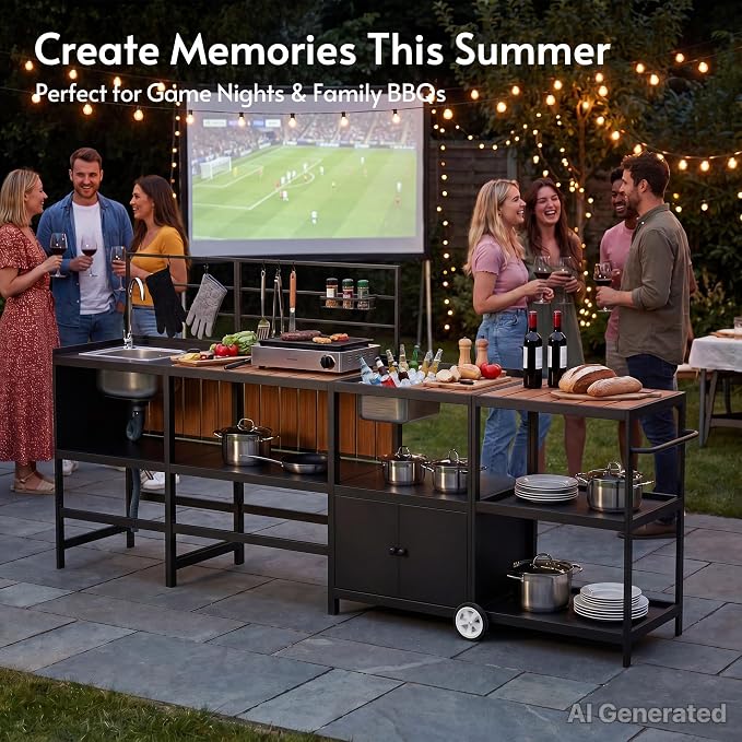 Modular Outdoor Kitchen Island with Sink, 4Pcs Aluminum Outdoor Kitchen Kit | Aluminum Frame, Weatherproof, Modular Grill Cart & Ice box, Large Countertop & Wall Hanging Design, For Patio BBQ, Party