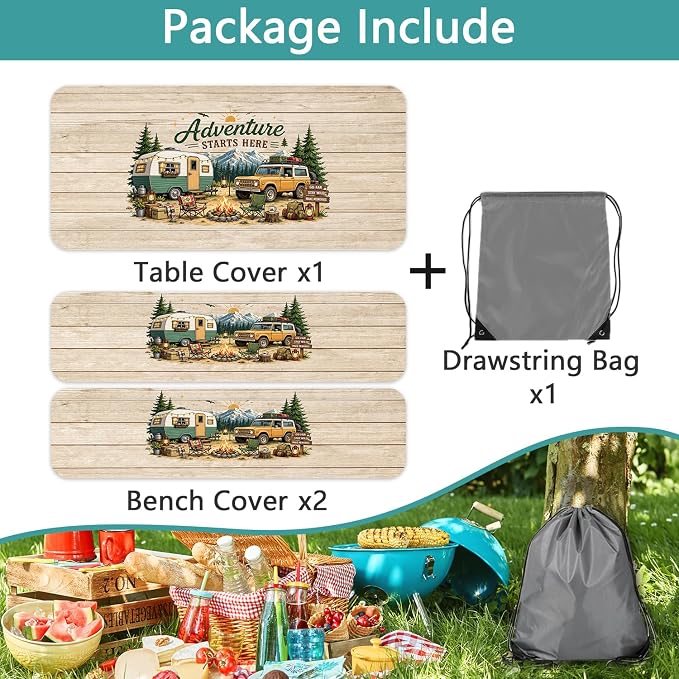 Picnic Table Cover with Bench Covers and Bag, Elastic Edges Waterproof Windproof Wooden RV Camper Outdoor Tablecloth, Camping Essentials, Fitted 6FT Rectangle Tables and Seats, 3 Pcs, 30x96 Inch