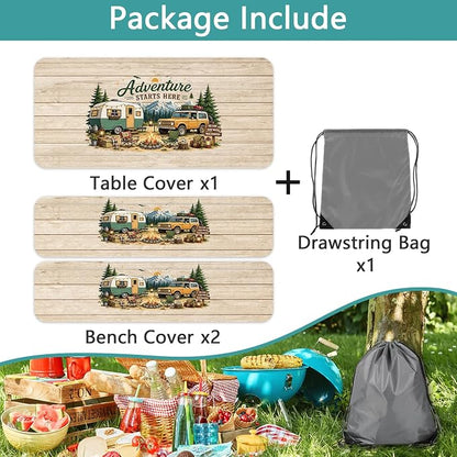 Picnic Table Cover with Bench Covers and Bag, Elastic Edges Waterproof Windproof Wooden RV Camper Outdoor Tablecloth, Camping Essentials, Fitted 6FT Rectangle Tables and Seats, 3 Pcs, 30x60 Inch