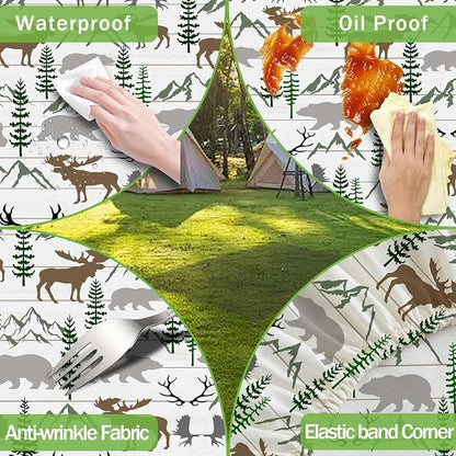 Picnic Table Cover with Bench Covers and Bag, Deer Moose Forest Wildlife Rv Essentials, Waterproof Windproof Fabric, Fitted Tablecloth Cover with Elastic Edge, 3 PCS, 30x96 Inch