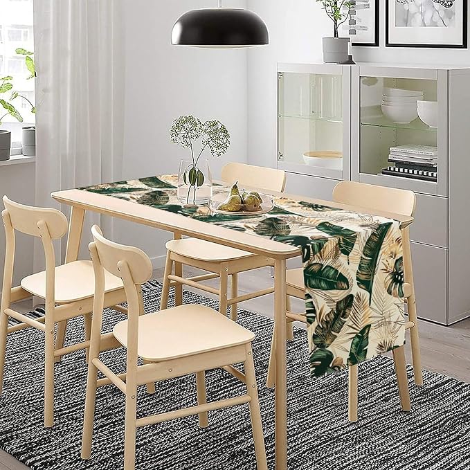 Gold Tropical Leaves Table Runner Jungle Green Plam Leaves Retro Boho Hawaii Botanical Plant Modern Geometric Seasonal Dinner Runner for Farmhouse Kitchen Dining Home Holiday Party 13x36in