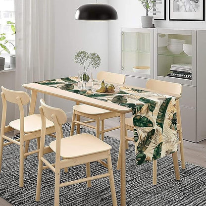 Gold Tropical Leaves Table Runner Jungle Green Plam Leaves Retro Boho Hawaii Botanical Plant Modern Geometric Seasonal Dinner Runner for Farmhouse Kitchen Dining Home Holiday Party 13x36in