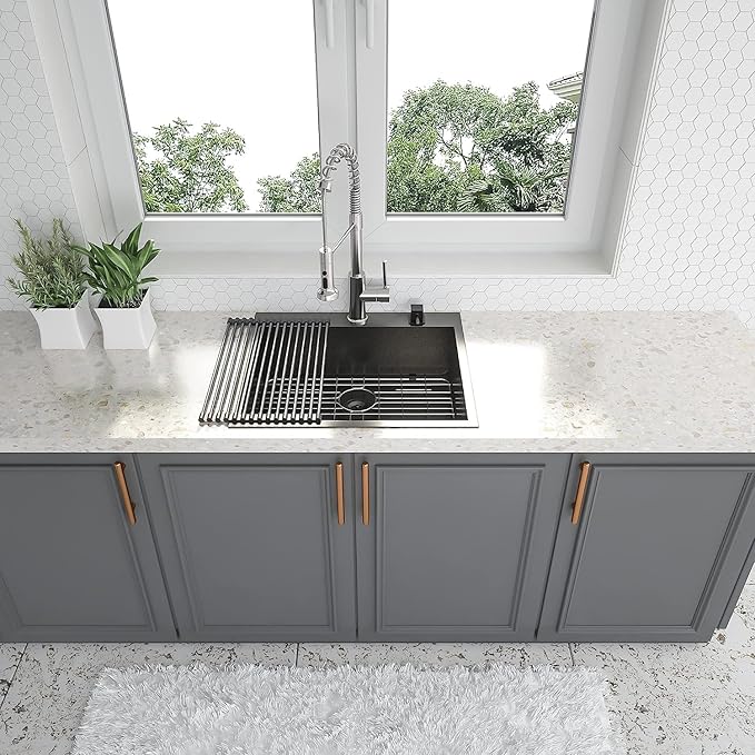 25x22 Drop In Kitchen Sink Black 16 Gauge Stainless Steel Single Bowl Drop Kitchen Sinks Nano PVD Gunmetal Black Handmade Large Deep Topmount Sinks, 25x22x9 Inch