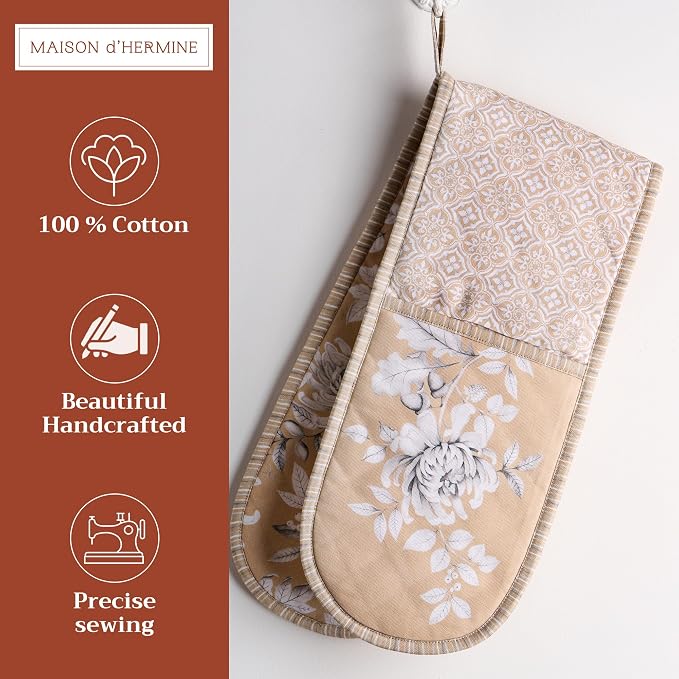 Maison d' Hermine Double Oven Mitts 100% Cotton Double Oven Glove (7"x35") | Heat Resistant BBQ Cooking Gloves with Loop Baking Kitchen Home Hotel Farmhouse Thanksgiving Christmas - Pretty Autumn