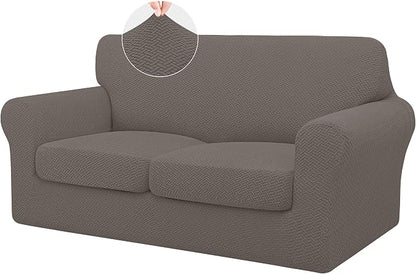 ISSUNTEX 3 Pieces High Stretch Thicken Loveseat Couch Covers, Soft Sofa Slipcover for 2 Separate Cushion Couch, Jacquard Fabric Elastic Sofa Cover Furniture Protector for Dogs (Loveseat, Taupe)