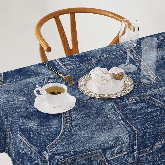 Denim Patchwork Print Style Tablecloth, Fashionable Denim Pattern Design (Not Denim Fabric) Water Resistant Table Cover for Farmhouse Picnic Party Holiday Kitchen Dinner Table 60"x110"