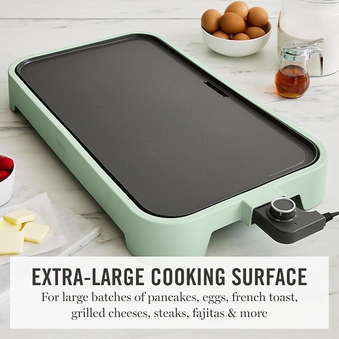 Martha Stewart 12"x 22" XL Electric Griddle, Ceramic Nonstick Flat Top | PFAS-Free Nonstick Grill, XL Cooking Surface for Pancakes & Eggs, Adjustable Temp Dial, Drip Tray, 1500W Heating, Honeydew