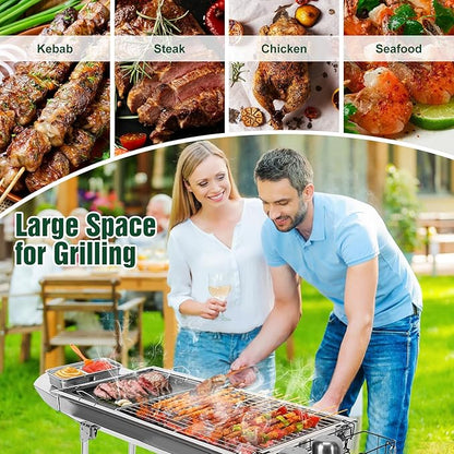 Portable Charcoal Grill, Folding Barbecue Grill with Storage Shelf, 39" x 13.39"x 27.56" Stainless Steel BBQ Smoker Barbecue Tool Kits for Outdoor Cooking Camping Hiking Picnics Backpacking (Large)