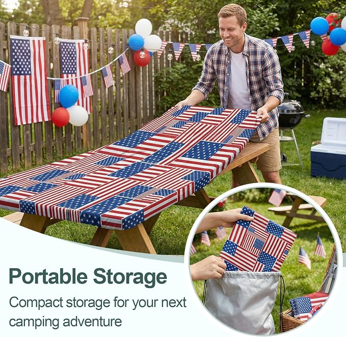 Picnic Table Cover with Bench Covers Camping Essentials Waterproof Windproof Camping Tablecloth with Drawstring Bag, Fitted Rectangle Tables and Seats, 60in, Red Blue White