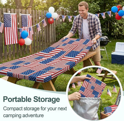 Picnic Table Cover with Bench Covers Camping Essentials Waterproof Windproof Camping Tablecloth with Drawstring Bag, Fitted Rectangle Tables and Seats, 60in, Red Blue White
