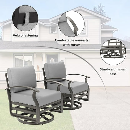 ALAULM 3 Piece Aluminum Outdoor Swivel Chairs High Back Metal Swivel Rocking Chairs with 5.1" Sponge Cushions &1 Coffee Table for Patio, Porch, Backyards, Garden(Grey)