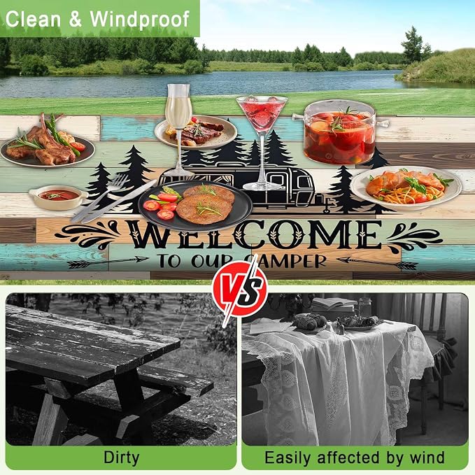 JAWO Welcome to Our Camper Rustic Wood RV Picnic Table Cover with Bench Covers, Camper RV Essentials Gear Supplies Outdoor Waterproof Windproof Tablecloth with Elastic, 30X60in