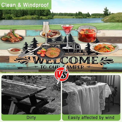 JAWO Welcome to Our Camper Rustic Wood RV Picnic Table Cover with Bench Covers, Camper RV Essentials Gear Supplies Outdoor Waterproof Windproof Tablecloth with Elastic, 30X72in
