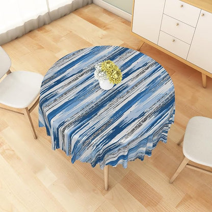 Abstract Striped Round Tablecloth 60 Inch Blue and White Old Texture Grunge Stripes Vintage Mosaic Dust-Proof Circle Table Cover Protector for Home Kitchen Restaurant Picnic Camping BBQ