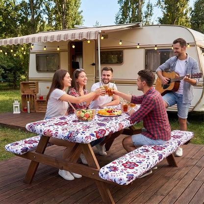 SquarePie Picnic Table Cover with Bench Covers - Waterproof Fitted Elastic Tablecloth for 6 FT Tables - Washable Polyester Camping Table Cloth for Outdoor Patio RV BBQ (Gorgeous Flowers, 30"x72")