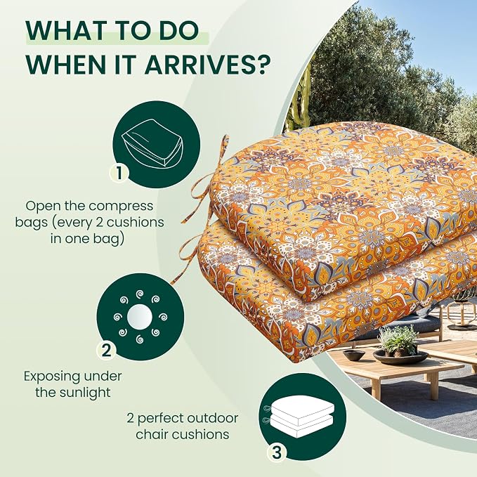 HARBOREST Outdoor Chair Cushions Set of 2, Water Resistant Patio Chair Cushions with Ties, Outdoor Seat Cushions for Patio Furniture, 17"x16"x2", Blooming