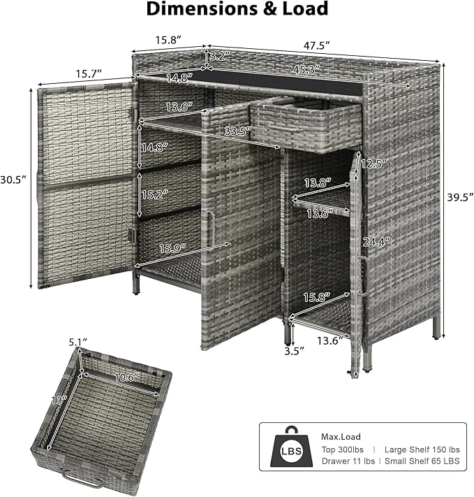 Merax 47.5" Wicker Outdoor Storage Cabinet with Tempered Glass Desktop, Weather-Proof Rattan Bar Table with 3 Doors, Adjustable Shelf, 1 Drawer for Outdoor Cushions, Pool Toys, Garden Tools, Grey