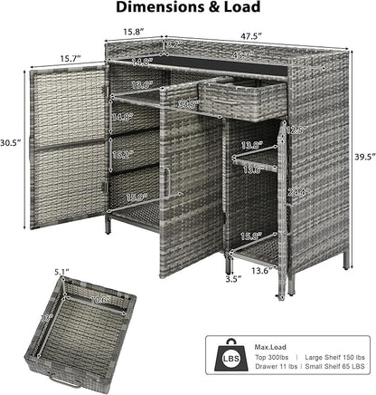 Merax 47.5" Wicker Outdoor Storage Cabinet with Tempered Glass Desktop, Weather-Proof Rattan Bar Table with 3 Doors, Adjustable Shelf, 1 Drawer for Outdoor Cushions, Pool Toys, Garden Tools, Grey