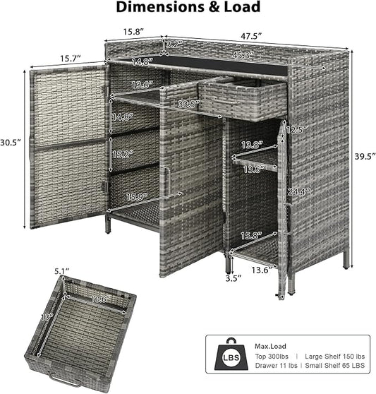 Merax 47.5" Wicker Outdoor Storage Cabinet with Tempered Glass Desktop, Weather-Proof Rattan Bar Table with 3 Doors, Adjustable Shelf, 1 Drawer for Outdoor Cushions, Pool Toys, Garden Tools, Grey