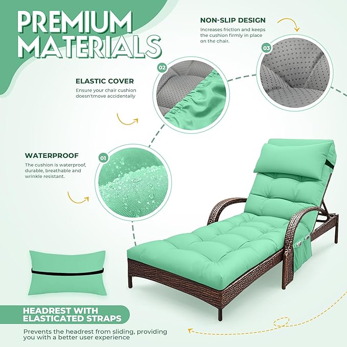Outdoor Chaise Lounge Cushion, Waterproof Lounge Chair Cushion for Outdoor Furniture, 71 x 21 x 4 Inches Patio Cushion with Straps for Lawn Pool Furniture (Cyan, Lounge Chair Cushion)