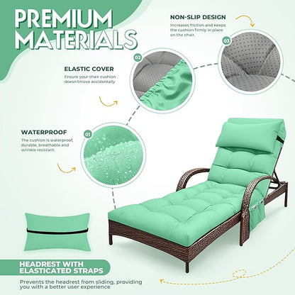 Outdoor Chaise Lounge Cushion, Waterproof Lounge Chair Cushion for Outdoor Furniture, 71 x 21 x 4 Inches Patio Cushion with Straps for Lawn Pool Furniture (Cyan, Lounge Chair Cushion)