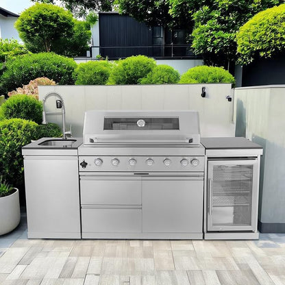 82" Modular Outdoor Kitchen Island with Grill, 6-Burner 85,000 BTU Propane BBQ Island, 304 Stainless Steel, Refrigerator, Sink & Rotisserie, for Backyard and Patio Cooking, Silver