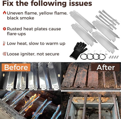 Romalon Stainless Steel Grill Replacement Parts Grill Burner Tube, Heat Plate and Grill Igniters Kit with Gloves Fit for Nexgrill 4 Burner 720-0830H 720-0783E 720-0830A Nexgrill 720-0888N