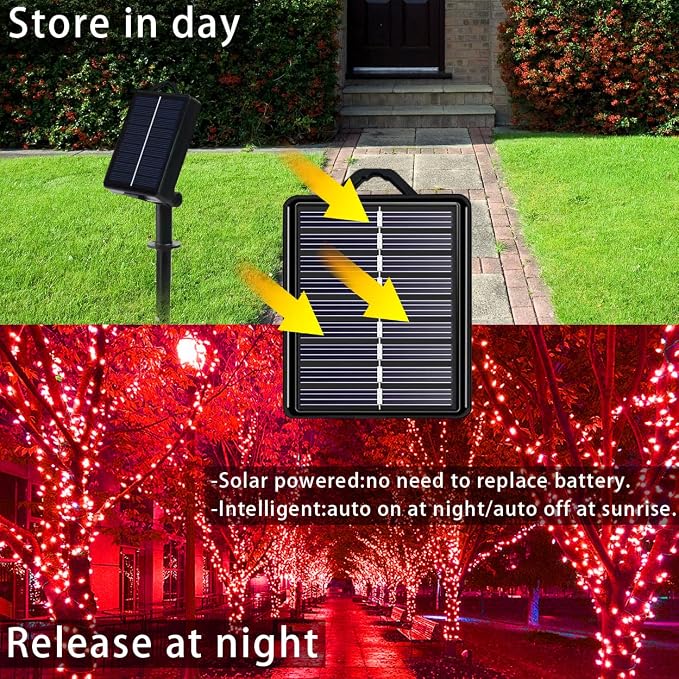 Solar Christmas Halloween String Lights, Red 200Led, Outdoor | 2 Pack Total 400Led 144Ft 8 Mode, IP44 Waterproof Outside Fairy Lights for Tree, Garden, Patio, Lawn, Party, Yard Decorations
